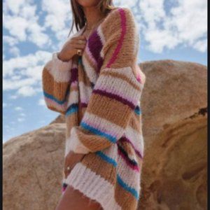 360 Cashmere Striped Chunky Knit Cardigan, L